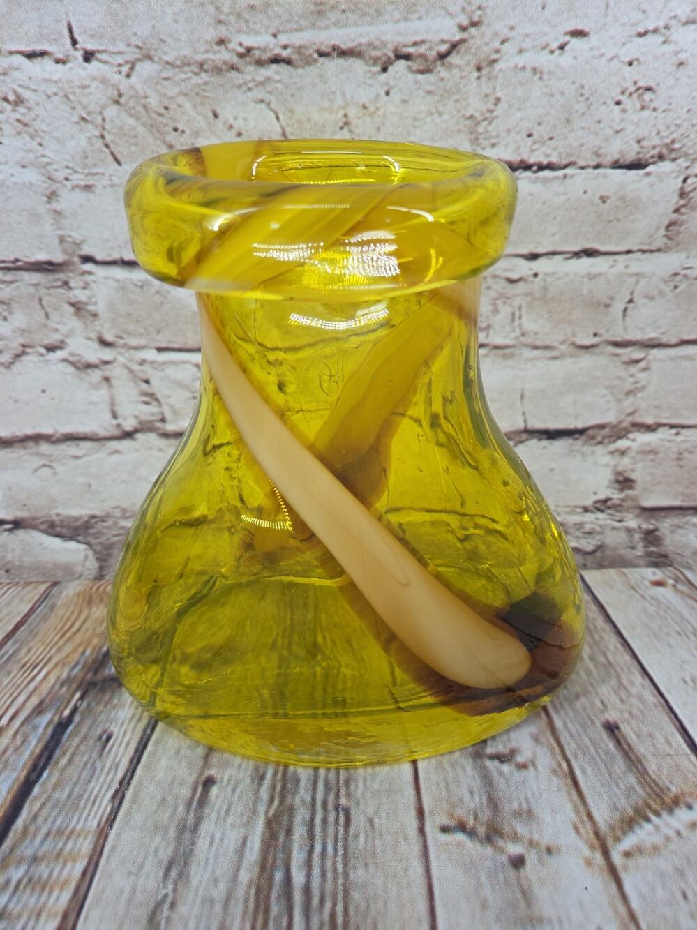 Vintage Yellow Handblown Glass Vase Margies Garden 7" Tall Nice Weight